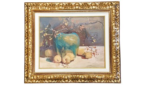 Heavy Gold Frame, Signed Print, Green Vase/yellow apples 24"HX28W"