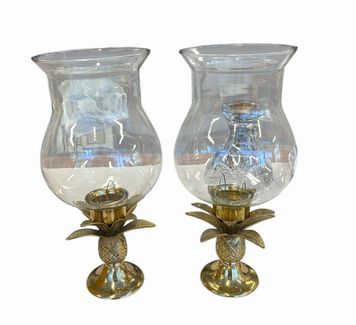 PAIR of brass pineapple hurricane candleholders, 14" h