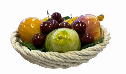 Italian ceramic fruit basket w/ fruit, 9.5" diam., 2.25" h