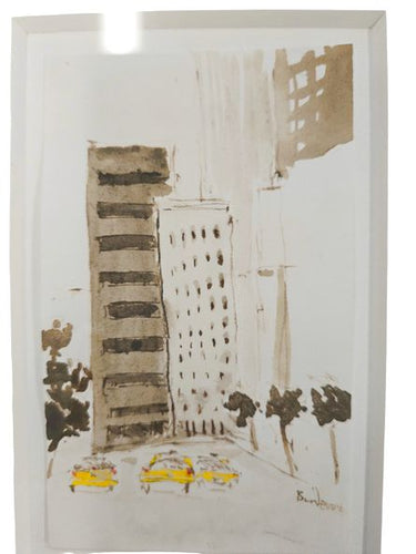 Orig. Pen & Ink, Gordon Binder C 1990, ny Yellow Cabs 15.5"h x 13.5"w