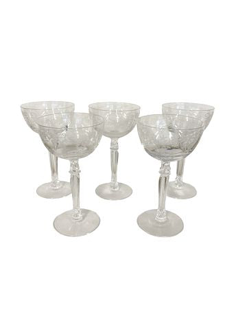 Set of 5 VTG Fostoria Buttercup pattern champagne/tall sherbet glasses, 5.25"H