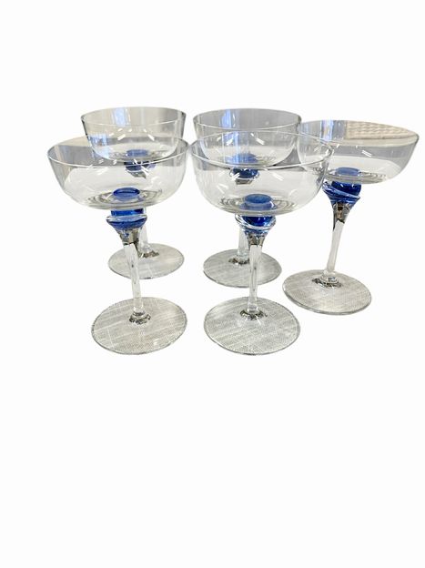 Set of 4  Crystal Coupe  Glasses w Blue Accent  7"H