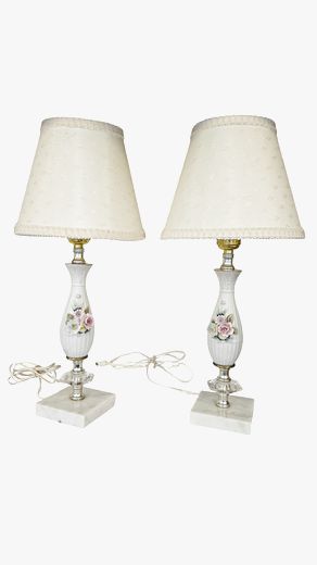 Pair- Boudoir Lamps Porcelain w/Flowers, 17"h