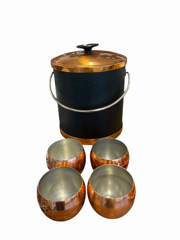 Coppercraft Guild black vinyl ice bucket (10" h) w/ 4 "roly poly" cups, 2.75"