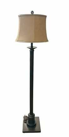 Black classic-style standing lamp w/ camel-colored shade, 58" h