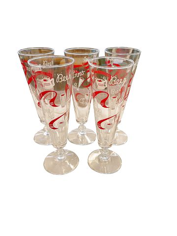 VTG set of 5 pilsner glasses, red/white graphic, 8.5"H