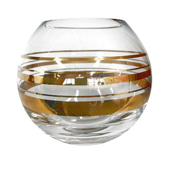 Round Kate Spade glass vase w/ gold stripes, 6.25" h