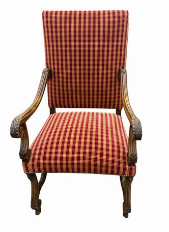 Louis XIII-style carved oak armchair w/ red/yellow velvet plaid upholstery & nai