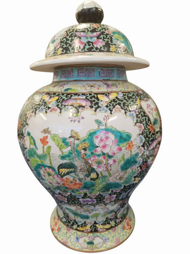 Intricate Black Ground Chinese Ginger Jar 16"h  x 11"w