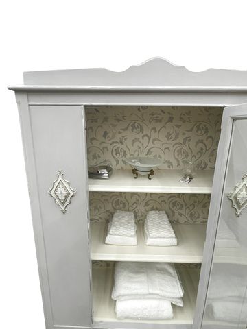 Vintage Bathroom Cabinet, Handpainted & Stencilled 38.5" x 14" x 65"