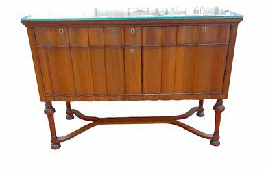 1890 glass-top linen-fold sideboard w/ hidden locks (no key), 55x23.5x40.5" h