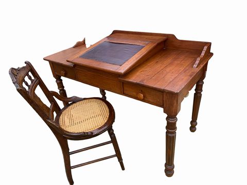 Antique cherry writing desk w/ leather slant top, 48x25.5x33"