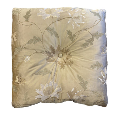 PAIR of Henredon gold silk damask tufted floral pillows w/ gold braid trim, 20"