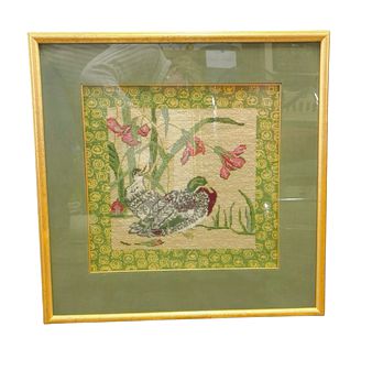 Gold-framed Asian-style needlespoint artwork, 20.75x20.25"