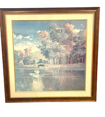 Large framed offset print of boats in a park-like setting, 45x45"