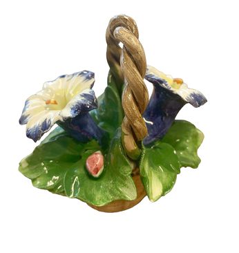 Vintage capodimonte basket w/ blue flowers, 4" h