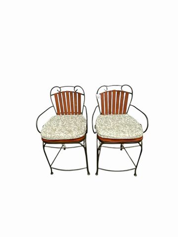 Pair Iron & Wood Counter Stools w/Cushions, H. 39.5 in. x W. 20.5 in.