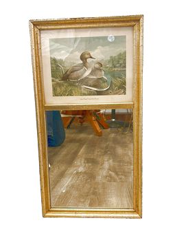 Vintage giilt trumeau mirror w/ duck print, 22x11.5"