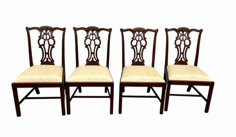 4 Maitland Smith Chippendale Regency Carved Mahogany Dining Chairs, H. 38 in