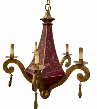 Continental Style Painted & Gilt 5 Arm Tole Chandelier,29 in. x 24 in. Diam.