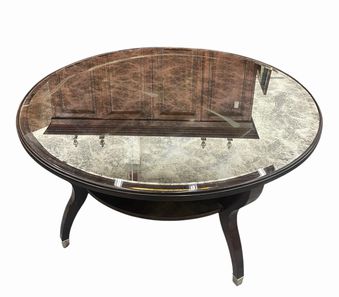 Aged mirror top round coffee table w/lower shelf, 19.5H. 39.75D