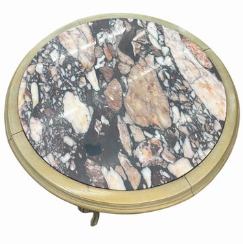 French-style antique white/gold round side table w/ black/pink marble top, 29" h