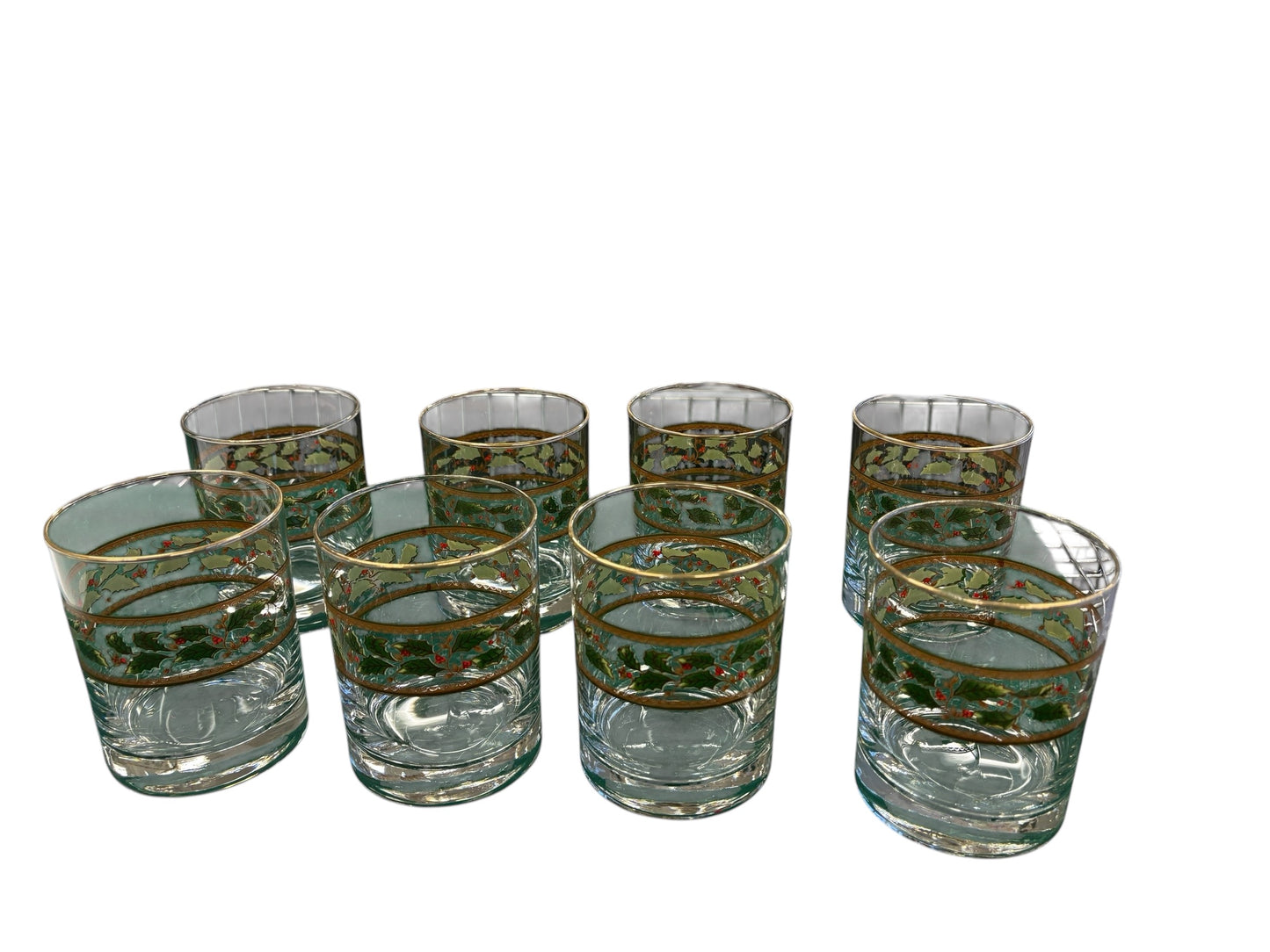 Set of 8 holiday old fashions w/ holly motif, 4.25" h