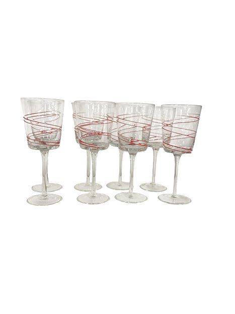 7 Wine Glasses w Red Swirl 8.5"H x 3.5"Dia