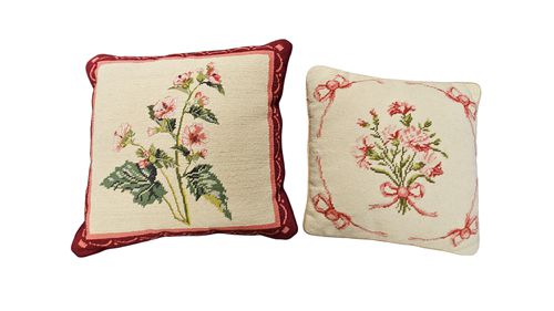 Pair Pink / Red Boudoir Needlework Pillows 14"sq/11"sq