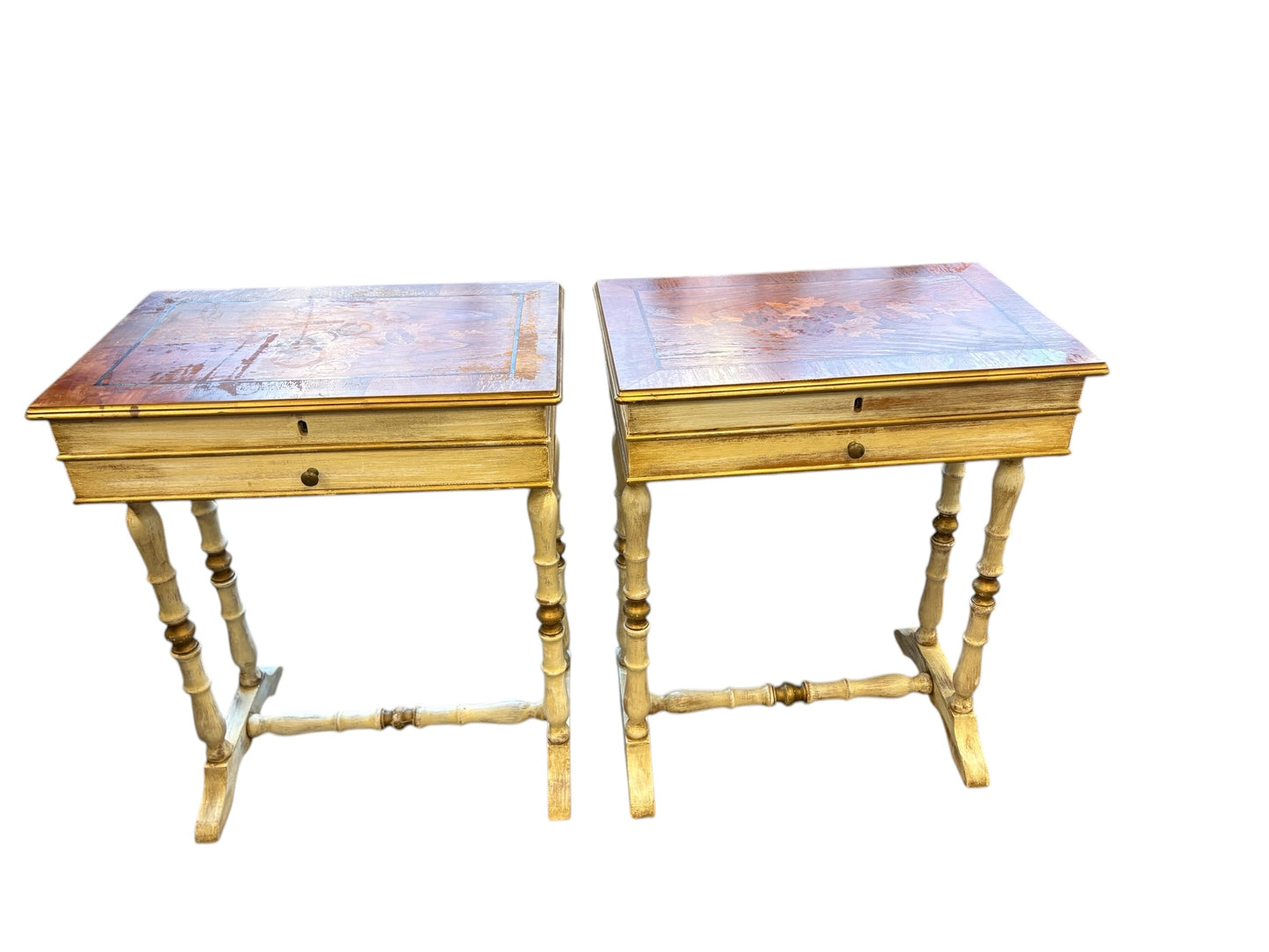 PAIR of vintage Italian side tables w/ lift-up inlaid tops, 23x15x27.5"