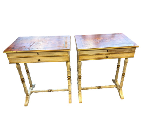 PAIR of vintage Italian side tables w/ lift-up inlaid tops, 23x15x27.5"