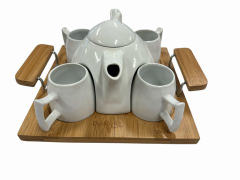 Modern white tea set w/ bamboo tray, 11.5x10x6H