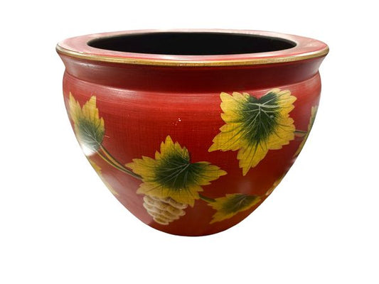 Red Planter w/Painted Leaves, 12"d, 9"h