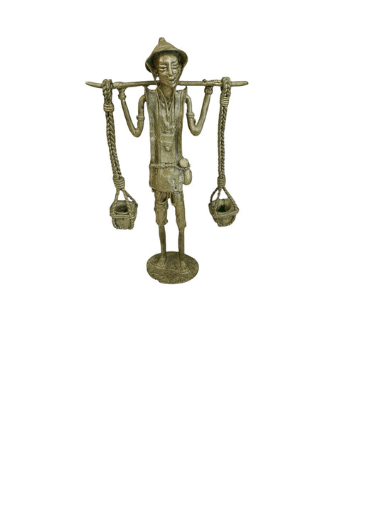 Indian Brass  Man w Buckets  Figurine 9"H x 6" W