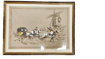 Vintage Art Prints signed  De Marcillac, "La Diligence" 22Hx25"W