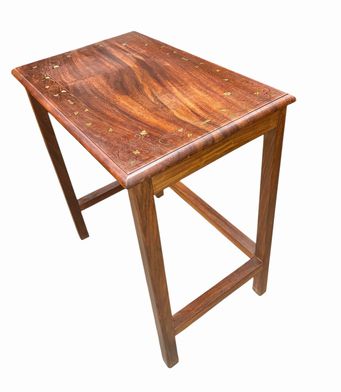 Small hardwood table w/ intricate floral brass inlay trim, 20.5" h, 18.5" w, 12"