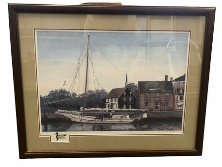 Framed ltd. edition print of skipjack in harbor by Jean Brinton Jaecks, 20x25"