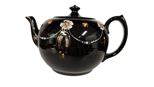 Black with Coral Florals Tea Pot 7"H