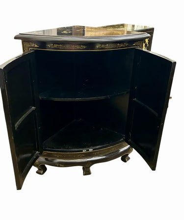 Vintage Chinese Black Lacquer, Mother of Pearl & Gilt Corner Cabinet