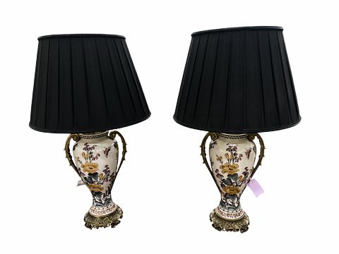 Pair Botanical Brass Mounted Table Lamps  H. 27.5 in x W. 9.5 in Shade 11x16 in.