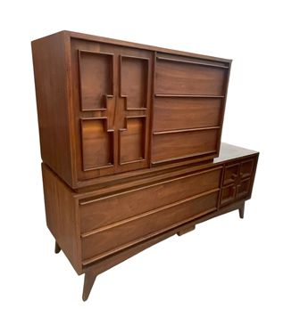 MCM solid wood 2-piece tall dresser w/ geometric recessed panel doors