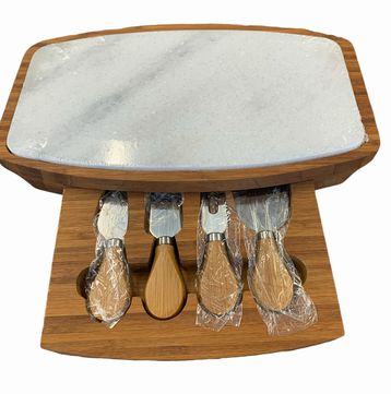 MCM marble/teak cheese server w/ utensils, 12.5x7.5"