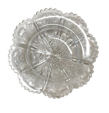 Antique EAPG Higbee glass thistle cheese dish, 8" diam.