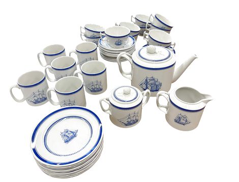 44-piece Blue Clipper teaset: teapot, sugar bowl, creamer, 12 teacups w/ saucers