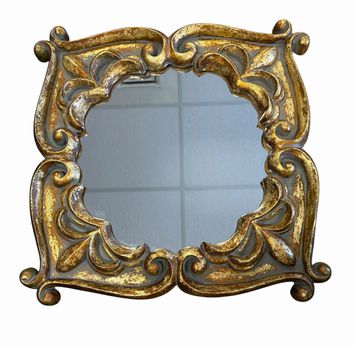 Square mirror in ornate goldtone frame, 16" x 16"