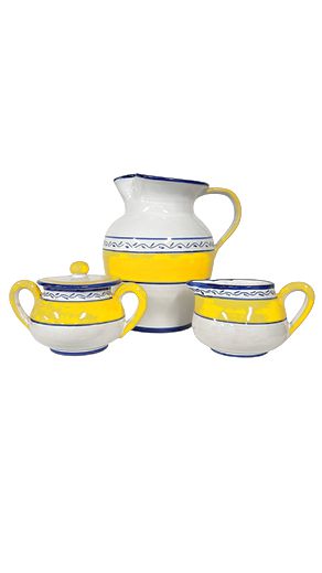 3 Pc Set Italian Blue/Ylw Pitcher, Cream+Sugar 9.5" H