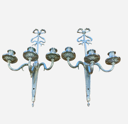 Pair Classic Nickel Plate 3-Arm Sconces 19"Hx12"W