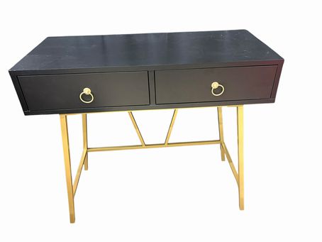 Modern black 2-drawer desk on gold base, 35.5" w x 16" d x 31" h