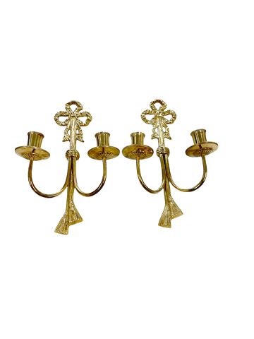 Pair Of Brass Candle Holder Sconces w/Bow12'X2.5"