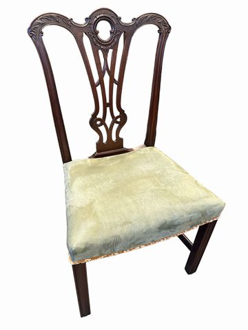 Set of 4 Chippendale sidechairs w/ pale green seats, 21x17x38" h
